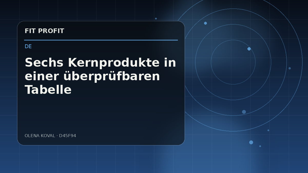 Redaktionelle Illustration: Sechs Kernprodukte in einer überprüfbaren Tabelle